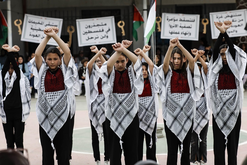 إحياء الذكرى الـ77 للنكبة في مدرسة بنات عرانة الثانوية في بلدة عرانة شمال جنين (تصوير: محمد منصور/ وفا)